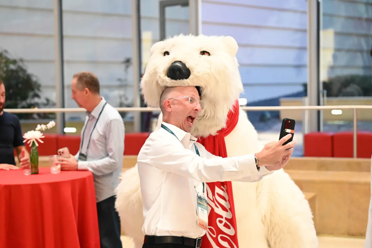 Attendee selfie with a mascot at EO NERVE, Atlanta, 2024
