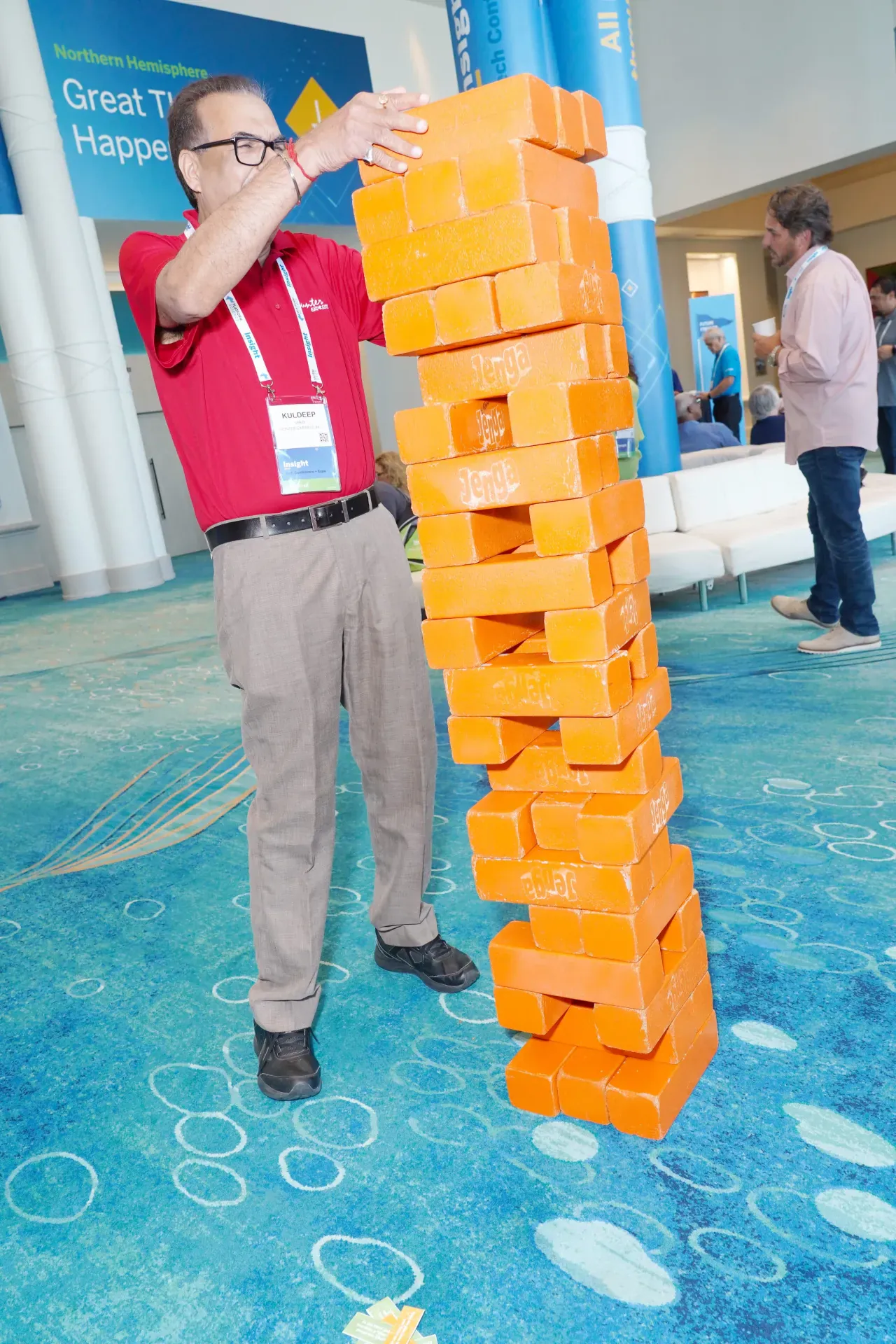 Giant Jenga in the lobby at Trimble Insight, Orlando, 2022