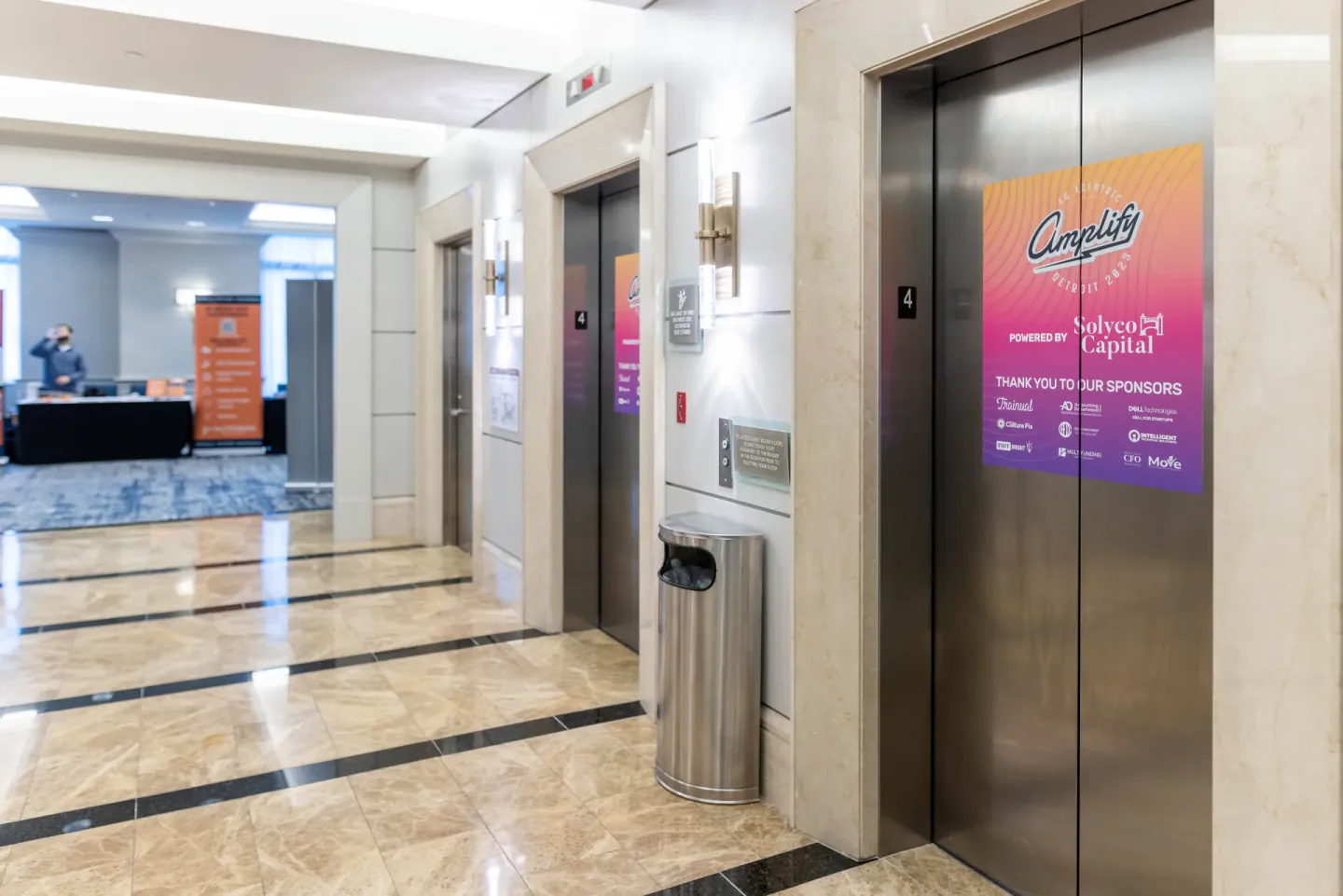 Amplify elevator wrap with sponsor recognition at EO XCentric, Detroit, 2023