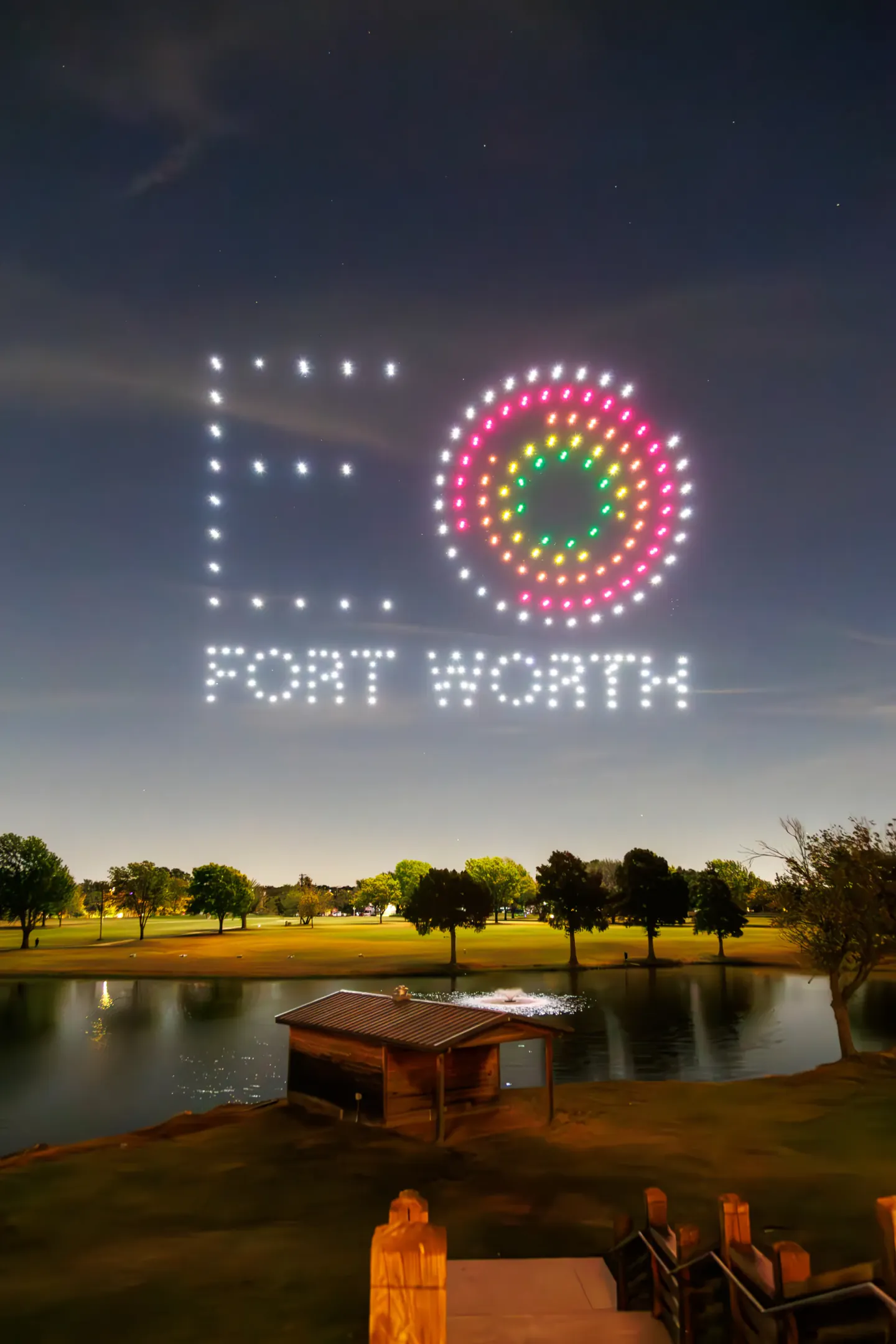 Drone show forming the EO Fort Worth logo, 2024