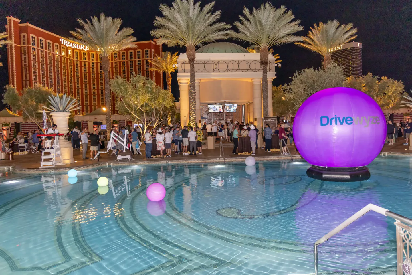 Drivewyze sponsor sphere in the pool at a Trimble Insight evening event, Las Vegas