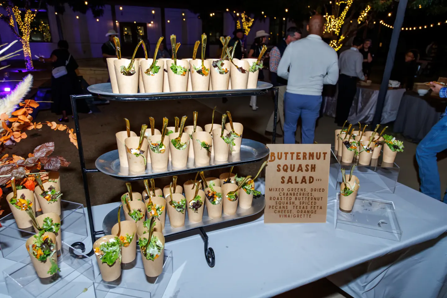 Butternut squash salad cones at an outdoor reception, EO XCentric, Fort Worth, 2024