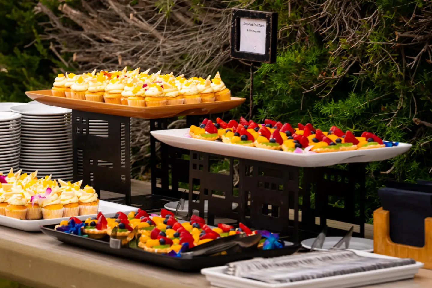 Fruit tarts and cupcakes on a garden dessert station at SCL, San Diego, 2025