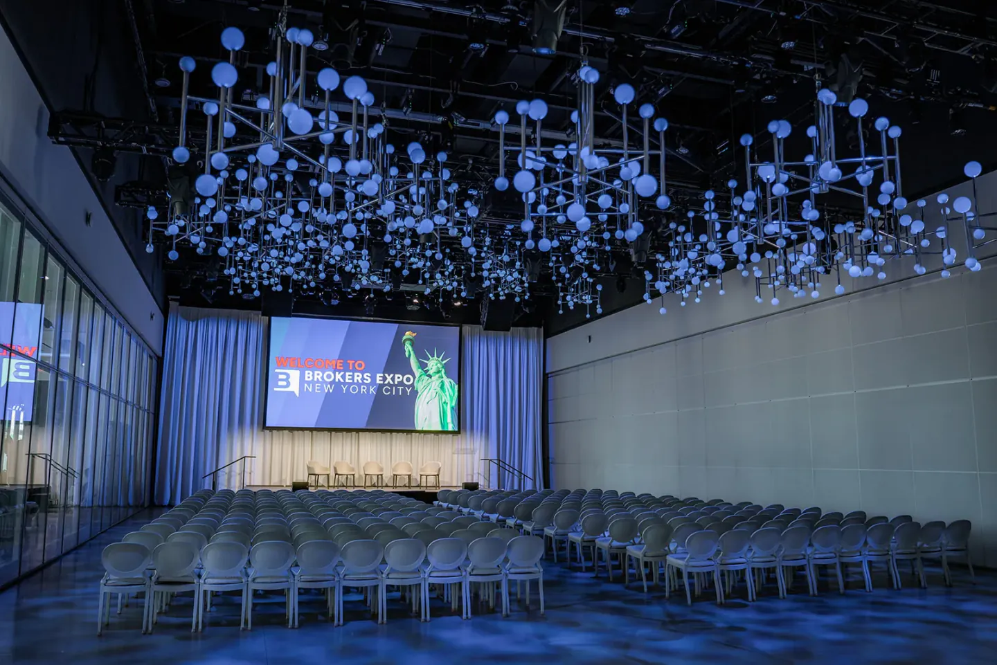 Welcome To Brokers Expo stage and empty house before doors, New York City