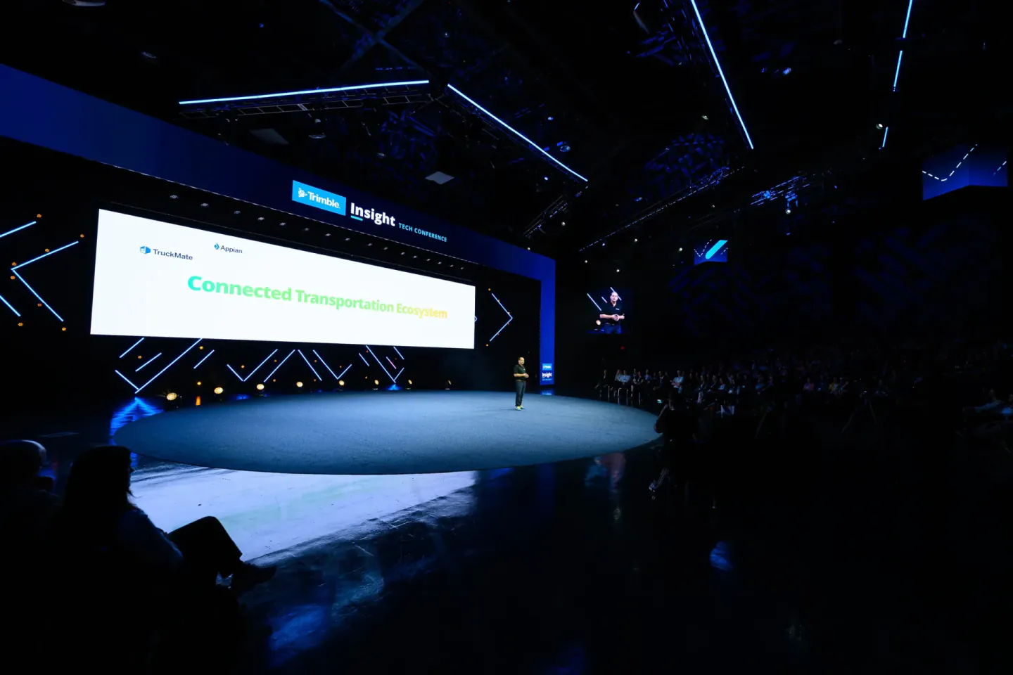 Keynote on the circular stage at Trimble Insight, 2025