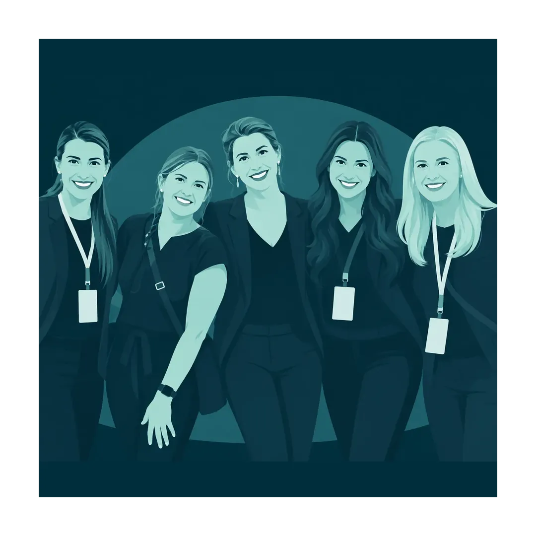 Illustrated group portrait of five Coterie Spark team members in teal, wearing conference badges